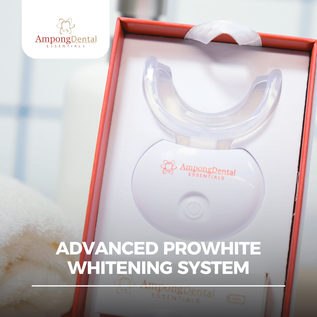 Advanced ProWhite Whitening System by AmpongDental, designed for effective teeth whitening and optimal dental care. The kit includes a mouthpiece and LED light for enhanced results.