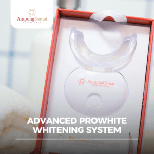 Advanced ProWhite Whitening System by AmpongDental, designed for effective teeth whitening and optimal dental care. The kit includes a mouthpiece and LED light for enhanced results.