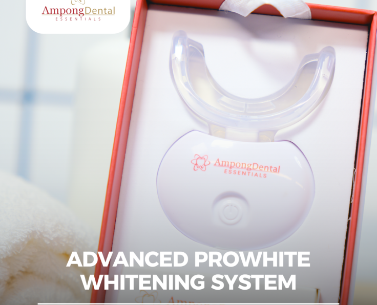 Advanced ProWhite Whitening System by AmpongDental, designed for effective teeth whitening and optimal dental care. The kit includes a mouthpiece and LED light for enhanced results.