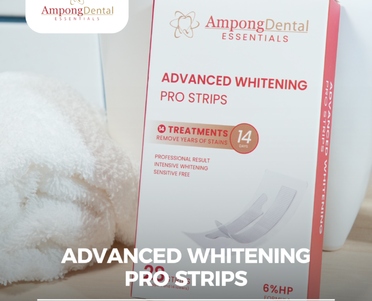 Ampong Dental Advanced Whitening Pro Strips packaging, featuring a professional teeth whitening solution designed for effective dental care. The product offers 14 treatments to remove years of stains while being sensitive-free.