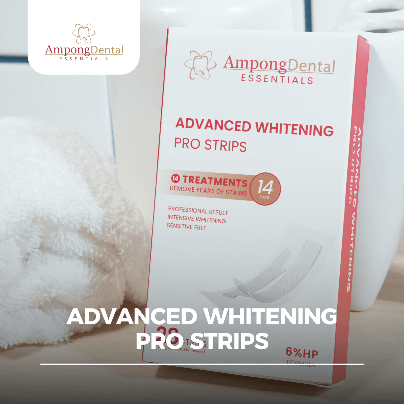 Ampong Dental Advanced Whitening Pro Strips packaging, featuring a professional teeth whitening solution designed for effective dental care. The product offers 14 treatments to remove years of stains while being sensitive-free.