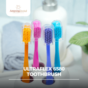 Colorful Ultraflex 6580 toothbrushes arranged in a holder, promoting effective dental care and teeth whitening. Ideal for maintaining oral hygiene with vibrant design.