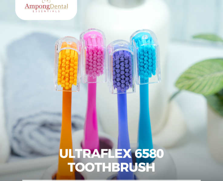 Colorful Ultraflex 6580 toothbrushes arranged in a holder, promoting effective dental care and teeth whitening. Ideal for maintaining oral hygiene with vibrant design.