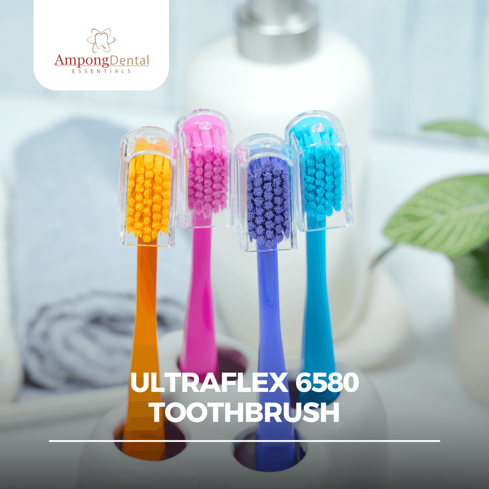 Colorful Ultraflex 6580 toothbrushes arranged in a holder, promoting effective dental care and teeth whitening. Ideal for maintaining oral hygiene with vibrant design.