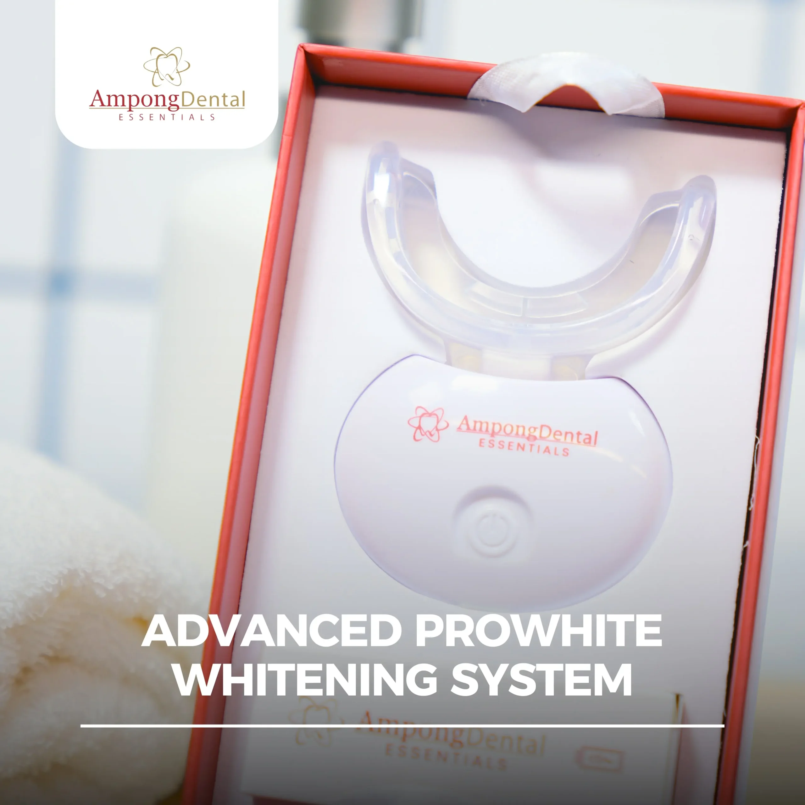 At-home teeth whitening device from Ampong Dental, featuring LED technology for quick and noticeable results in dental care.