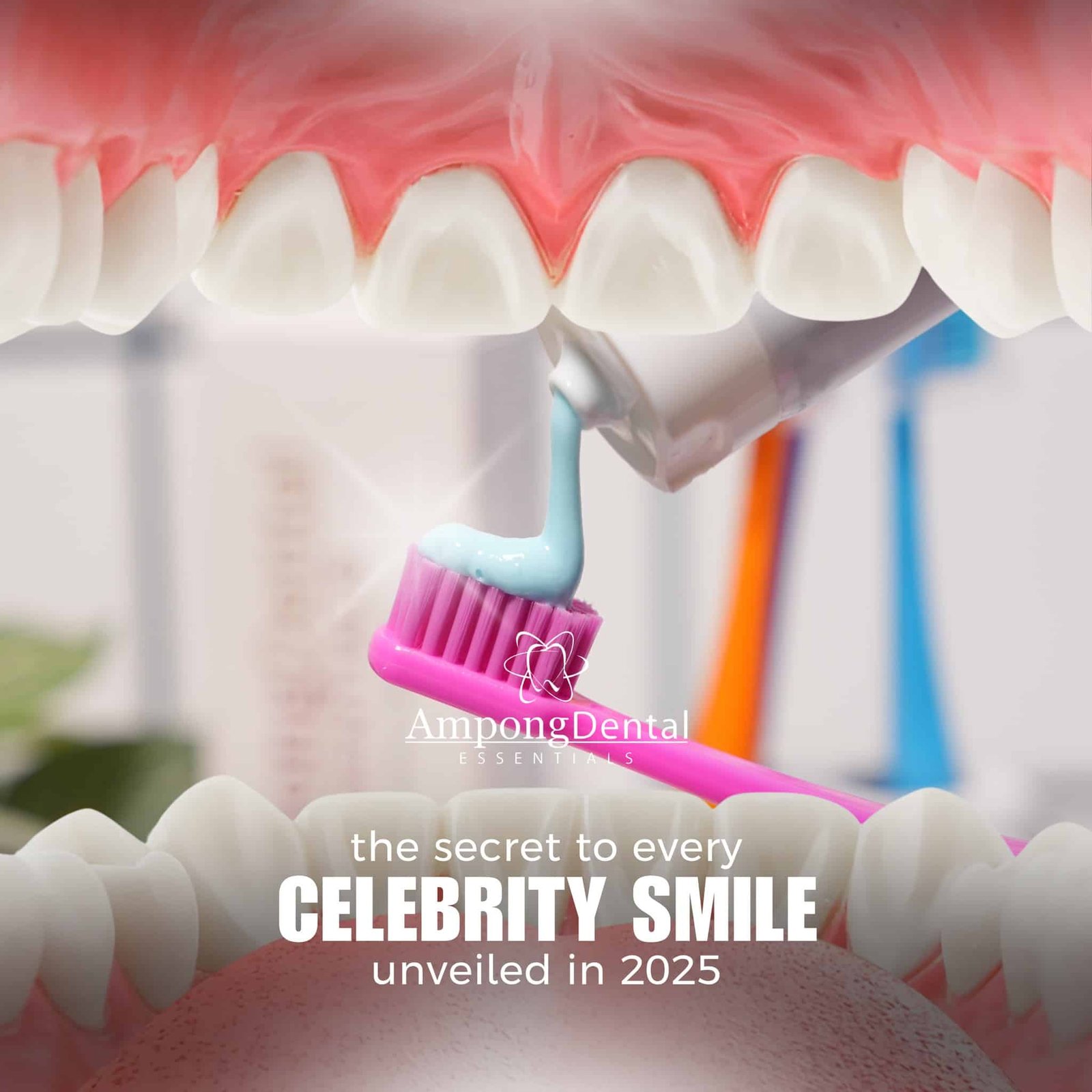 Close-up of teeth highlighting dental care with a pink toothbrush applying blue whitening toothpaste, showcasing the innovative approach to achieving a celebrity smile in 2025.