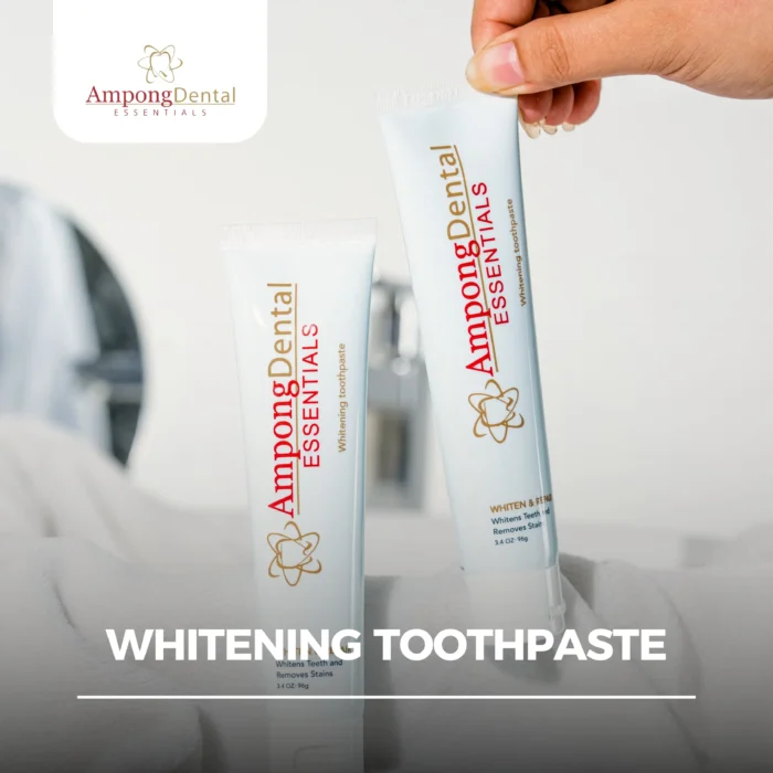 Ampong Dental whitening toothpaste tubes on a bathroom countertop, highlighting effective dental care for brighter teeth and stain removal.