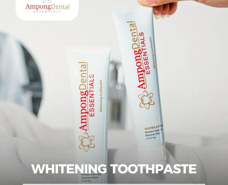 Ampong Dental whitening toothpaste tubes on a bathroom countertop, highlighting effective dental care for brighter teeth and stain removal.